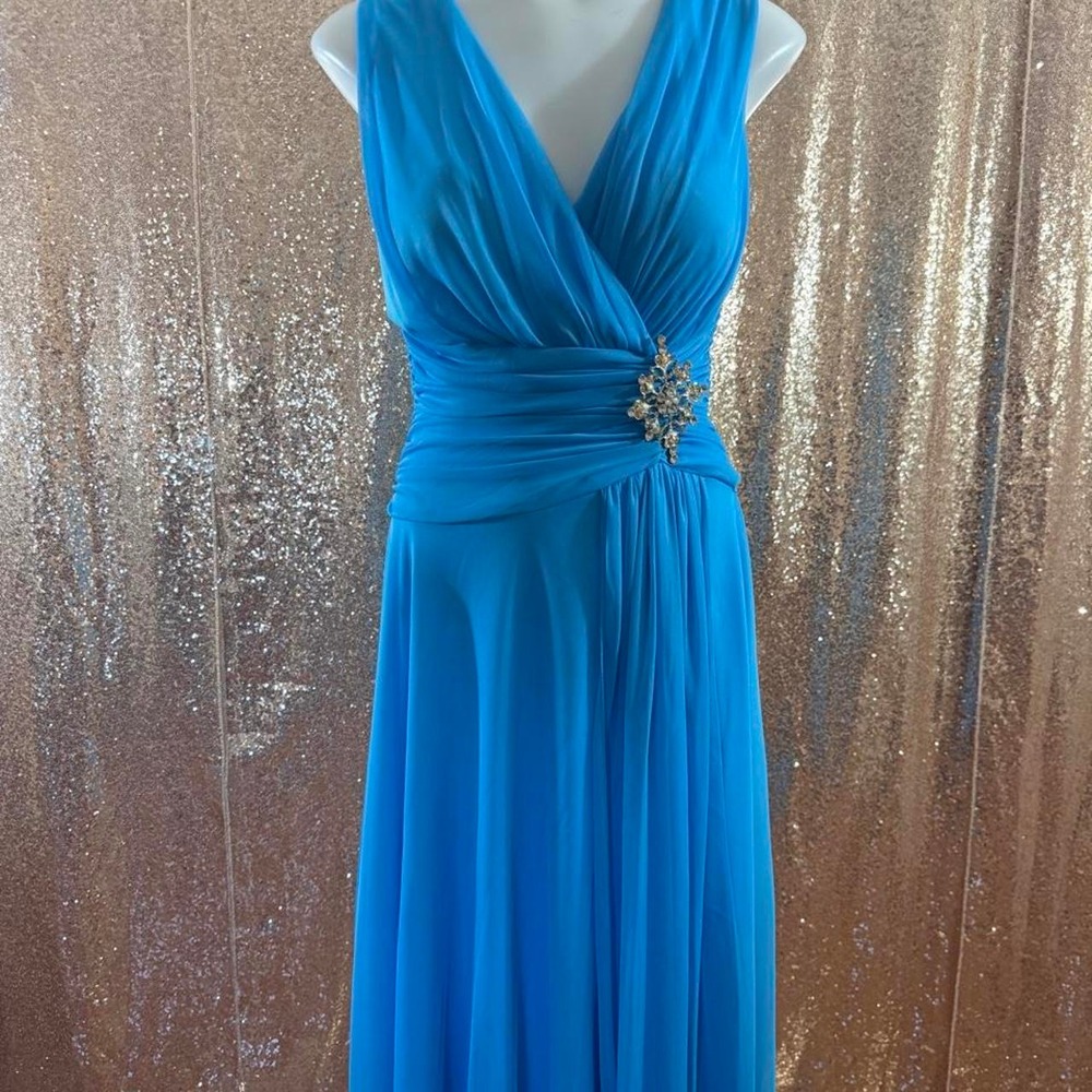 Blue Chiffon Ruched Midi Dress Rhinestone Brooch V-Neck Formal Wedding/Size S